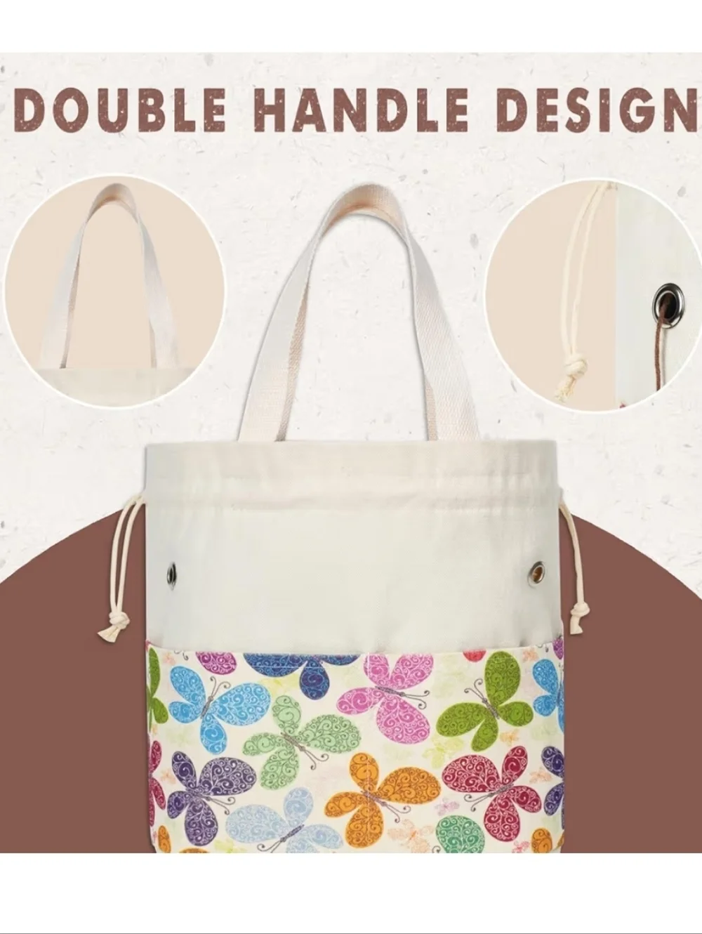 Butterfly Canvas Project Bag Tote - Cream with Multicolor Butterflies